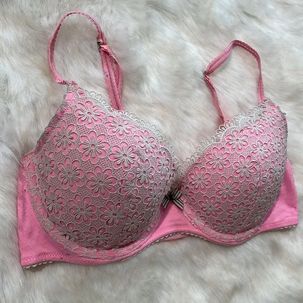 Victoria’s Secret Pink Lacey Lined Bra floral, black, pink white